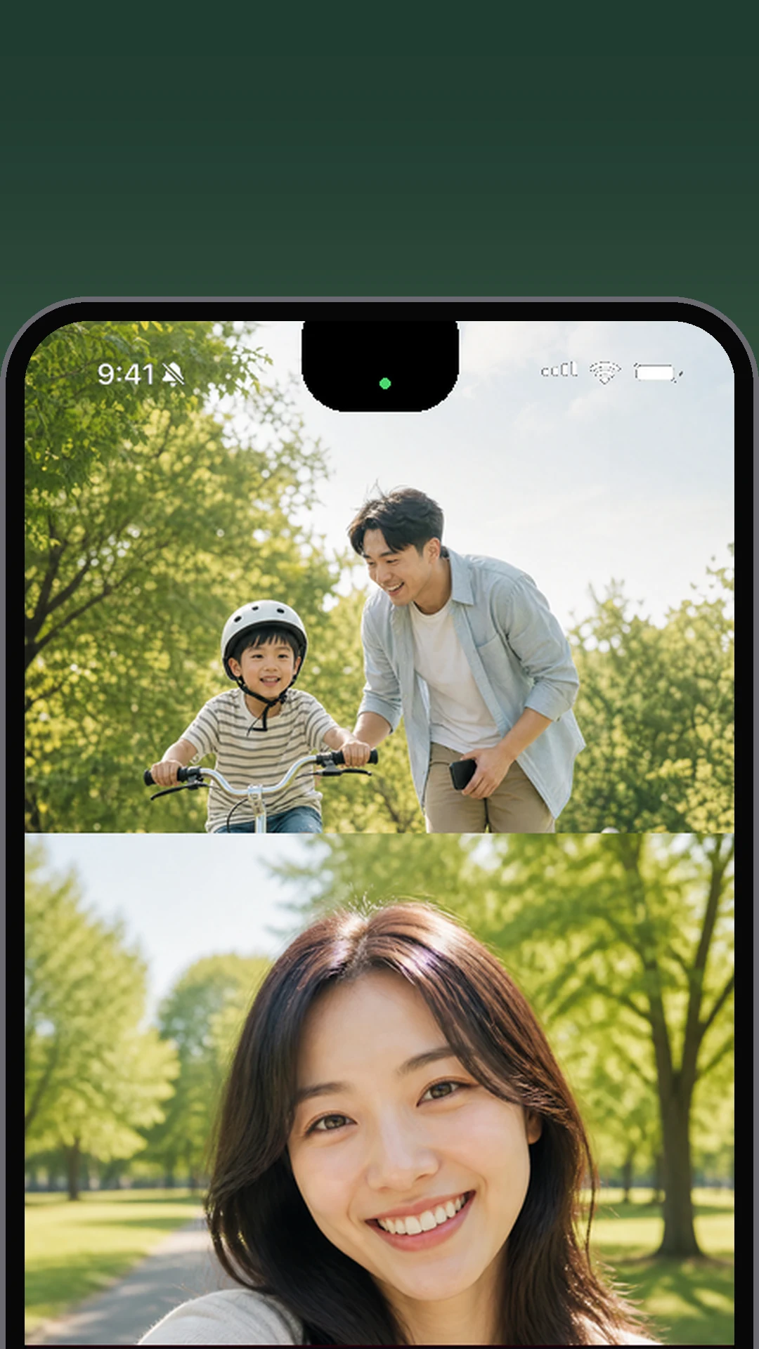 Parent using Bothie while a child learns to ride a bicycle