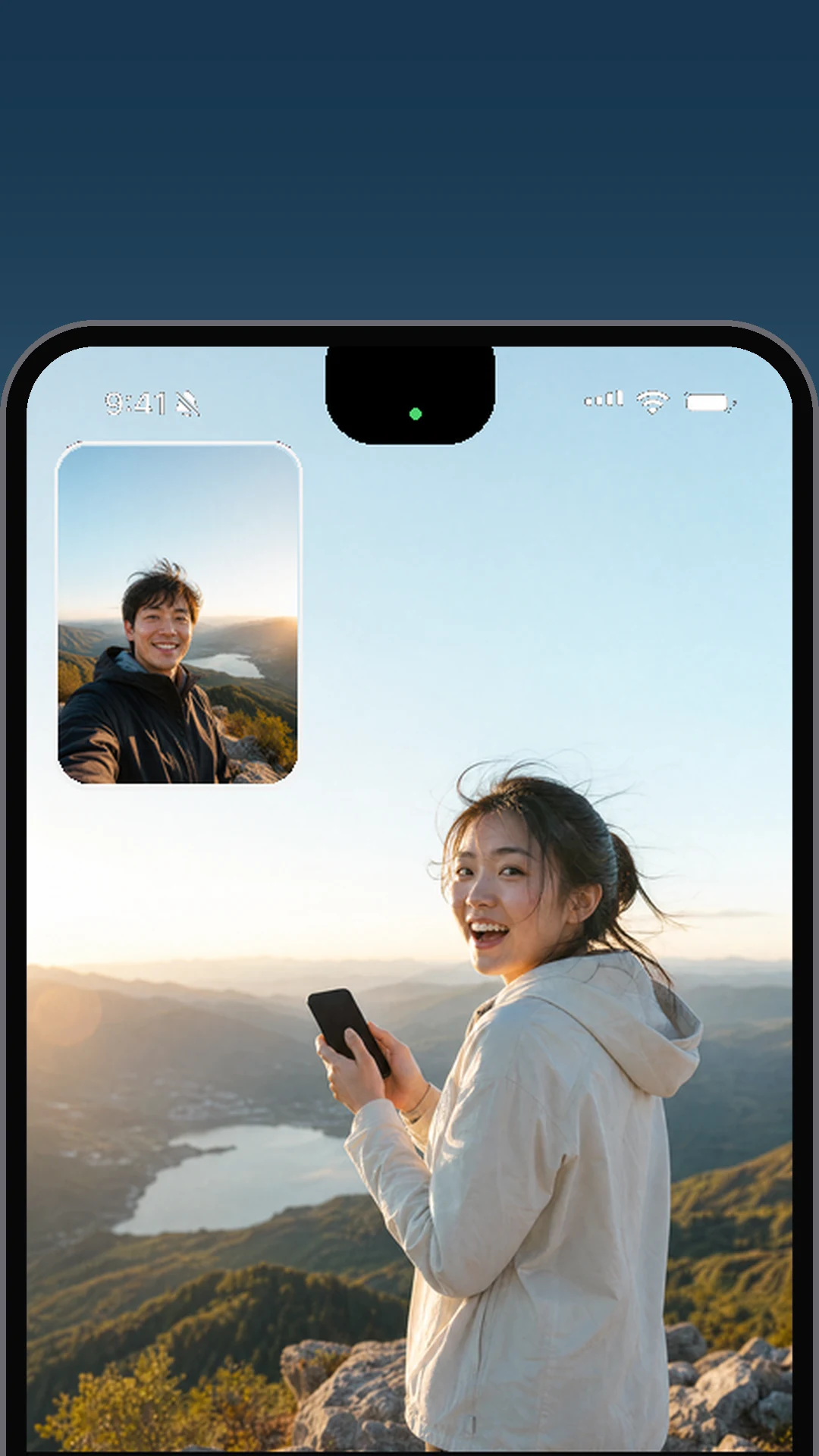 Traveler using Bothie to capture a mountain view and their reaction