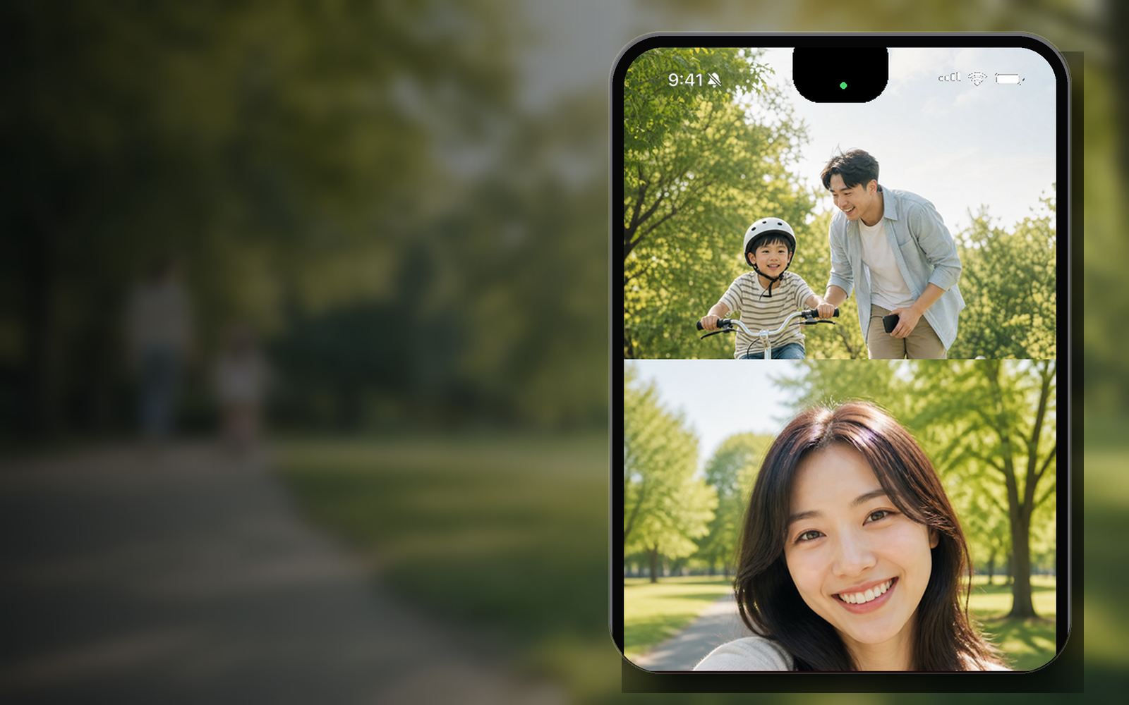 Parent using Bothie while a child learns to ride a bicycle