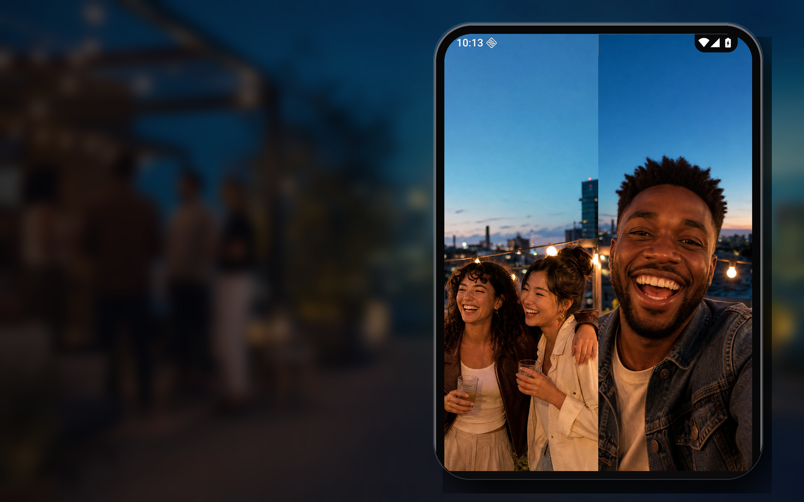 Friends using Bothie during a rooftop gathering